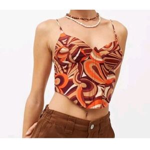 Urban Outfitters Karissa Bustier Seamed Cami Large Orange Brown Mod Swirl Retro